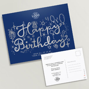 Logo Business Fun Silver Blue Birthday Postcard