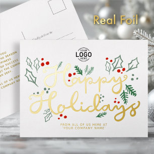 Logo Business Gold Lettering Happy Holidays White Foil Holiday Postcard