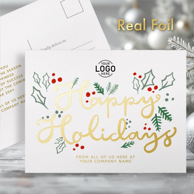 Logo Business Gold Lettering Happy Holidays White Foil Holiday Postcard (Creator Uploaded)