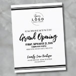 Logo Business Grand Opening Postcard<br><div class="desc">A clean and simple white invitation with black fonts and details, perfect for a business grand opening, brand launch, or product party event. The design features a crisp white background with customisable black text and space to add your logo at the top for a professional branded touch. Easily personalise the...</div>