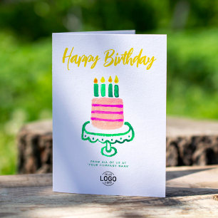 Logo Business Simple Green Pink Cake Birthday Card