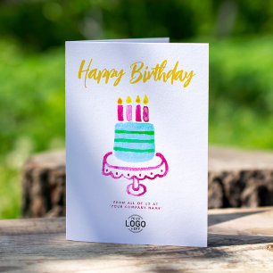 Logo Business Simple Pink Blue Cake Birthday Card