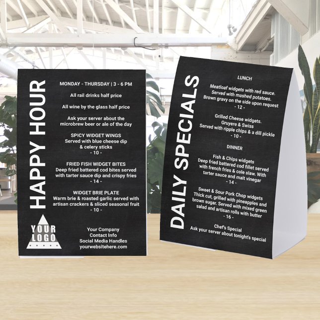 Logo Chalkboard 4x6 Promotion Single Column List (Add your logo and specials to these 4 x 6 paper table tents in faux chalkboard)