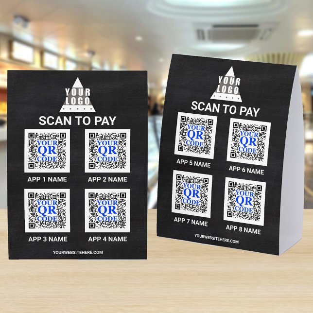 Logo Chalkboard 5x7 QR Code 8 Apps Scan To Pay (Up to 8 slots for QR code images on your scan to pay paper table tents)
