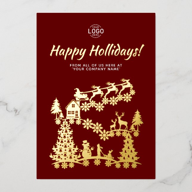 Logo Christmas Scene Gold Burgundy Holidays Card (Front)