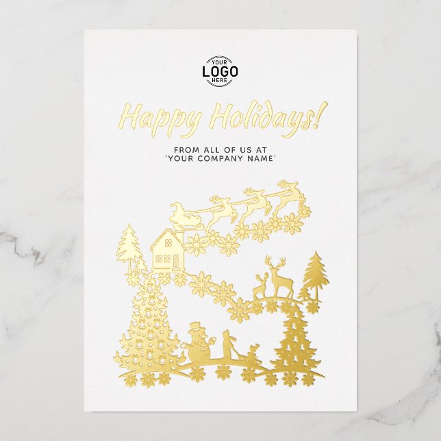 Logo Christmas Scene Gold White Holidays Card (Front)