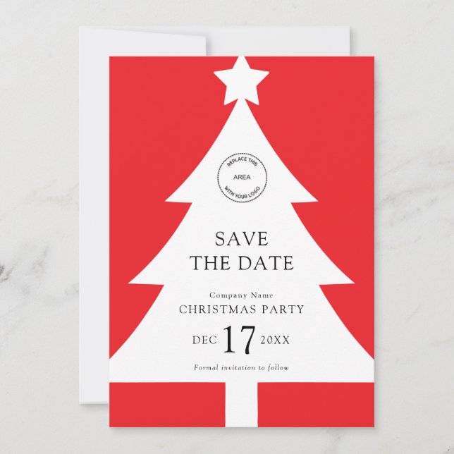 Logo Christmas Tree Party Red Save the Date Invitation (Front)