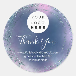 Logo Company Name Thank You Pink Glitte Smoky Blue Classic Round Sticker
