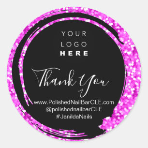 Logo Company Name Thank You Shopping Pink Black Classic Round Sticker
