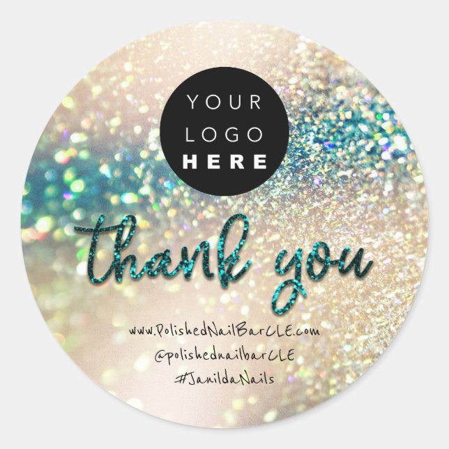 Logo Company Name Thank You Shopping Teal Glitter Classic Round Sticker (Front)