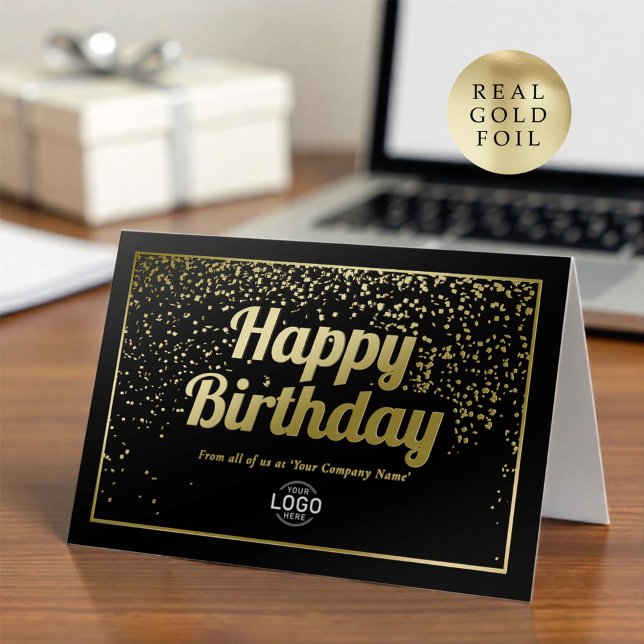 Logo Corporate Elegant Black Gold Happy Birthday Foil Greeting Card (Creator Uploaded)