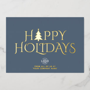 Logo Corporate Elegant Dusty Blue Christmas Happy Foil Holiday Card