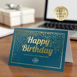 Logo Corporate Elegant Teal Gold Happy Birthday Foil Greeting Card