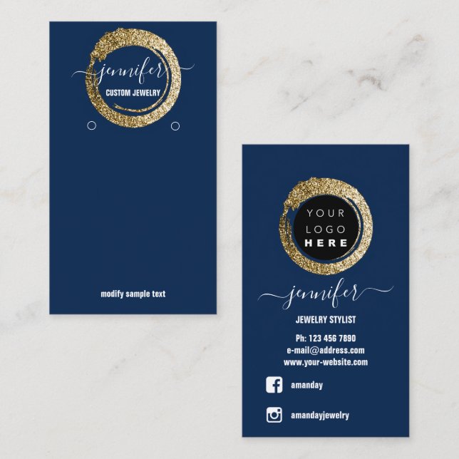 Logo Custom Jewellery Social Media Blue Navy Gold Business Card (Front/Back)