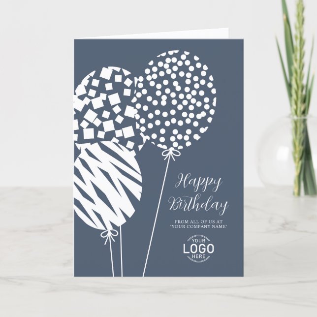 Logo Dusty Blue Balloons Corporate Birthday Card (Front)