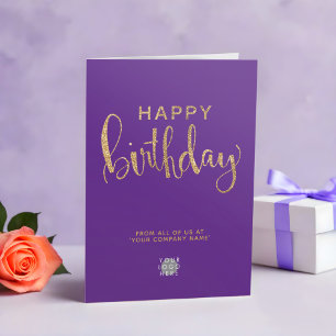 Logo Elegant Faux Gold Sleek Purple Happy Birthday Card