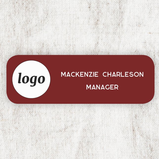 Logo Employee Staff Dark Red Business Name Tag (Simple logo with custom text business branding promotional dark red burgundy name tag badge)