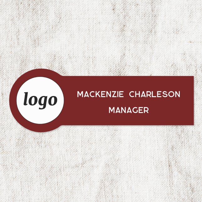 Logo Employee Staff Dark Red Business Name Tag (Simple logo with custom text business branding promotional dark red burgundy name tag )