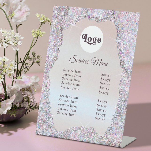 Logo Faux Pink Glitter Foil Services Menu Pedestal Sign (Creator Uploaded)