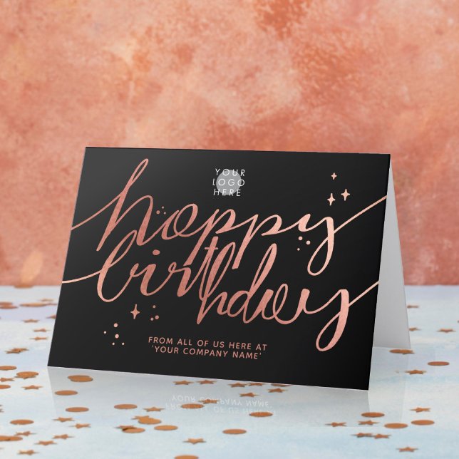Logo Faux Rose Gold Hand Script Birthday Black Card (Creator Uploaded)