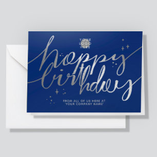 Logo Faux Silver Hand Script Navy Blue Birthday Card