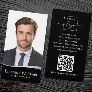 Logo faux silver wave photo QR black business card
