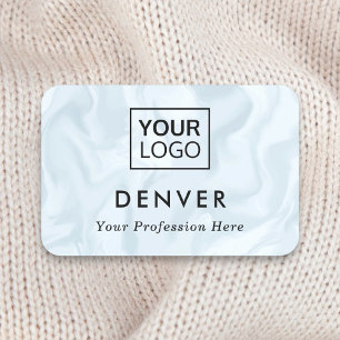 Logo first name and title pale blue grey marbled name tag