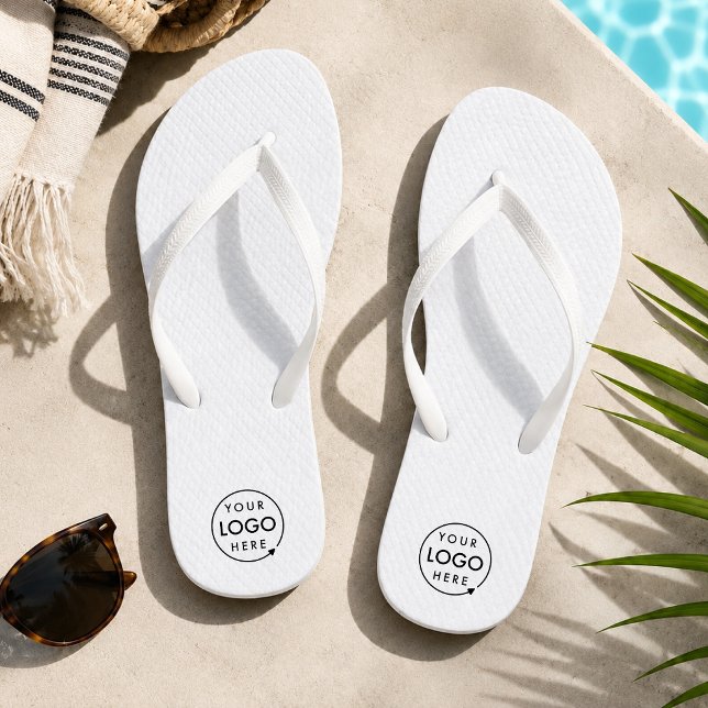 Logo Flip Flops | Custom Business Pool Beach Shoes (Custom logo white flip flops for business pool days, beach promos, and resort guest gifts.)