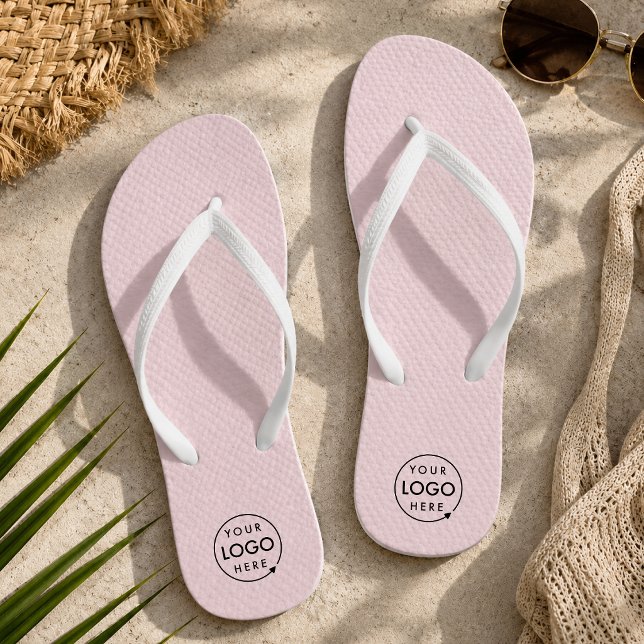 Logo Flip Flops | Pink Branded Pool Beach Shoes (Custom blush logo flip flops for spa retreats, event pool bags, and boutique gifts.)