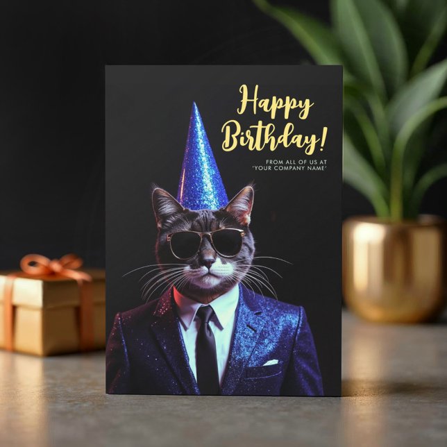 Logo Fun Black White Cat Blue Suit Party Birthday Card (Creator Uploaded)