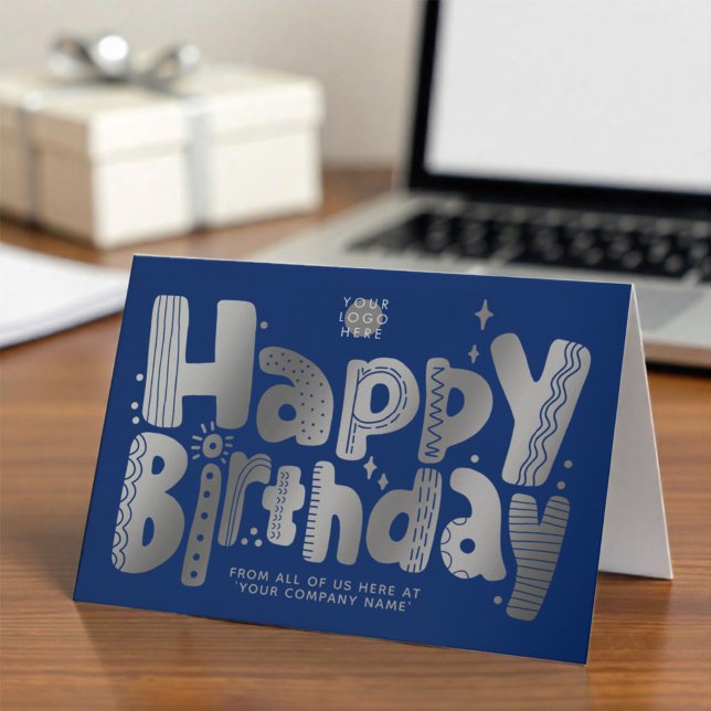 Logo Fun Silver Handwritten Navy Blue Birthday Card (Creator Uploaded)