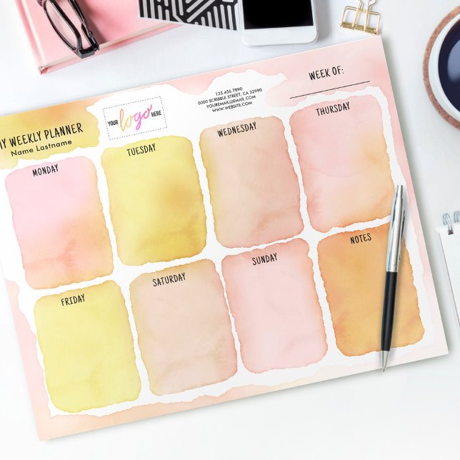  Logo Girly Pink Yellow Watercolor Weekly Planner Notepad (Creator Uploaded)