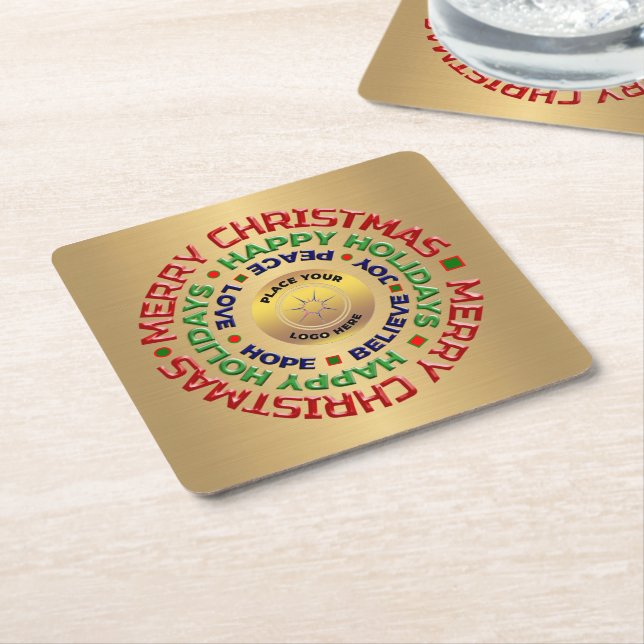 Logo Gold  Business Merry Christmas Holiday Custom Square Paper Coaster (Angled)