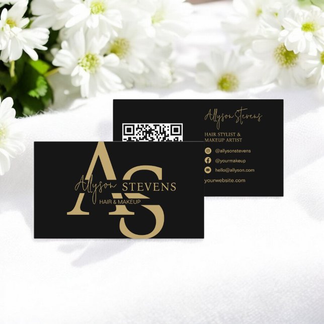 Logo gold initials hair makeup qr code business card (Logo gold initials hair makeup qr code business card)