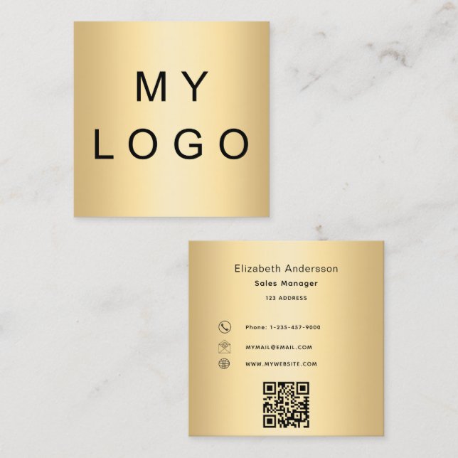 Logo gold qr code modern professional square business card (Front/Back)