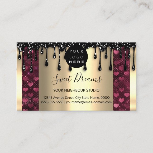 Logo Hair Makeup Nails Drip SPA QRCode Gold Heart Business Card (Front)
