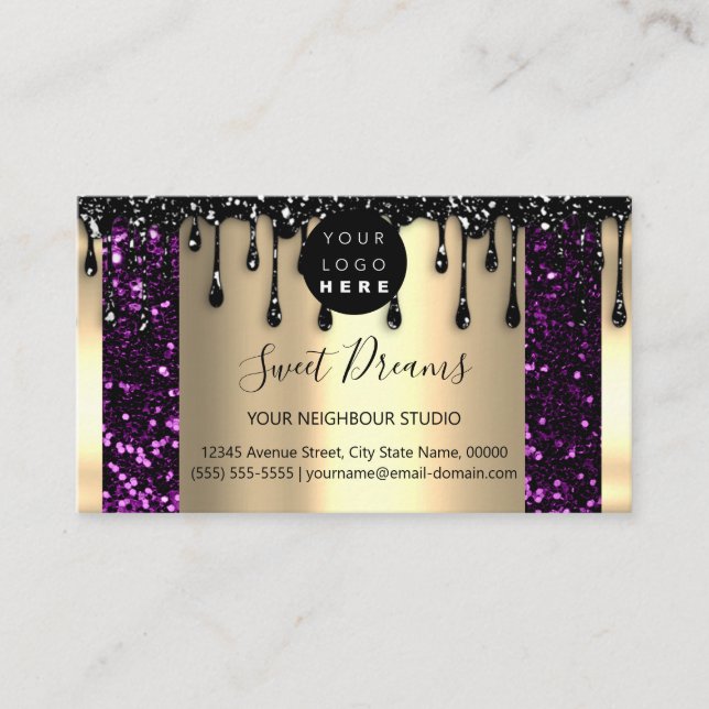 Logo Hair Makeup Nails Drip SPA QRCode Gold Purple Business Card (Front)