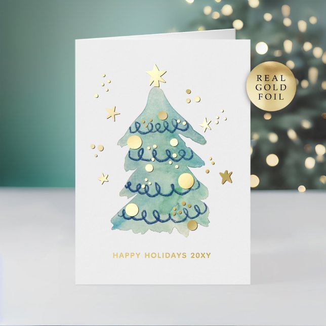 Logo Hand Painted Simple Christmas Tree Business Foil Holiday Card (Creator Uploaded)