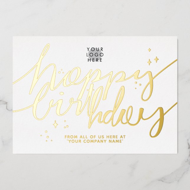 Logo Hand Script Business Birthday Gold Foil Card (Front)
