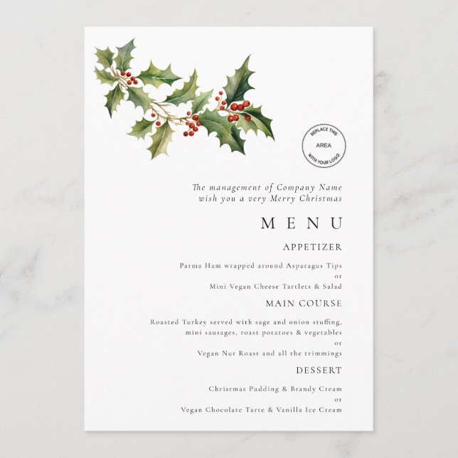 Logo Holly Business Christmas Party Menu Card (Front)