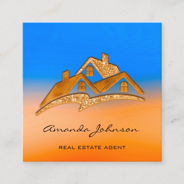 Logo House Real Estate Agent Home Blue Orange Square Business Card (Front)