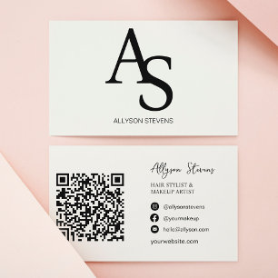 Logo initials Black white hair makeup qr code Business Card