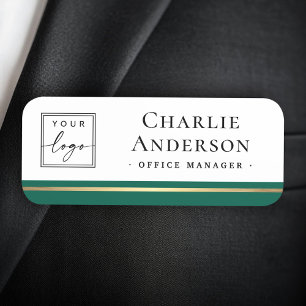 Logo large name title forest green border elegant name tag