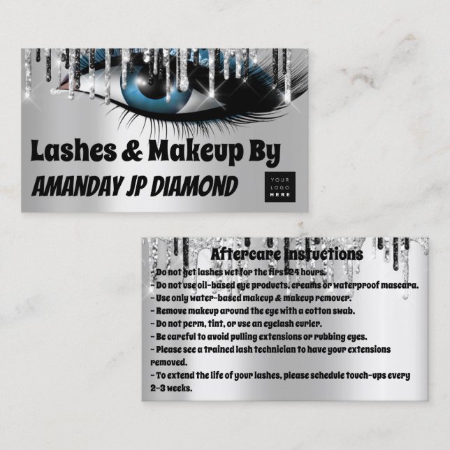 Logo Lashes Aftercare Instruction Black Silver Business Card (Front/Back)