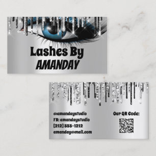 Logo Lashes Makeup Artist Silver Drips QR Code Business Card