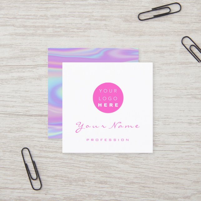 Logo Makeup Hair Nail Floral Holograph White Square Business Card (Front/Back In Situ)