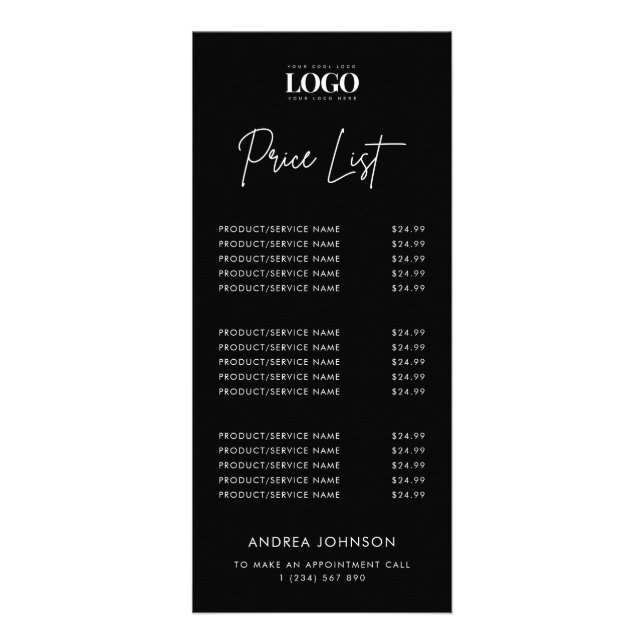 Logo Minimalist Black Script Services Price List   Rack Card (Front)