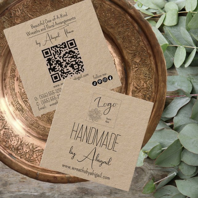 Logo Minimalist Handmade Handcrafted Business Card (Logo Minimalist Handmade and Handcrafted QR Code Kraft Paper Business Card)