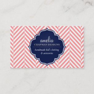 LOGO modern herringbone pattern coral badge navy Business Card