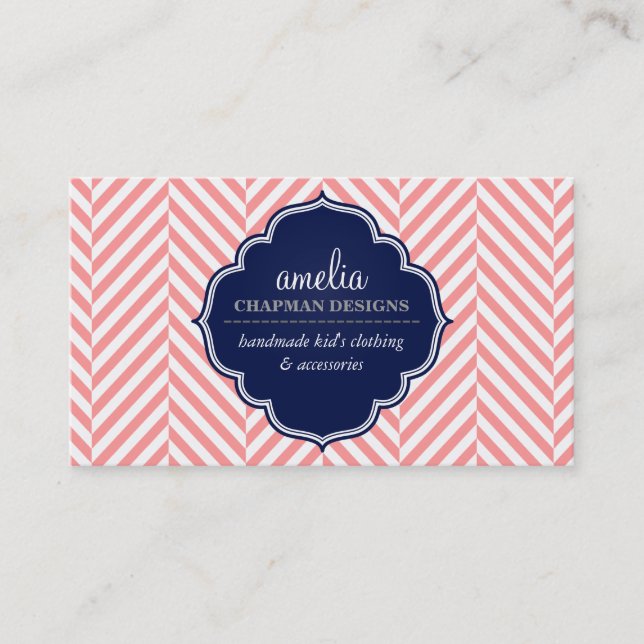 LOGO modern herringbone pattern coral badge navy Business Card (Front)